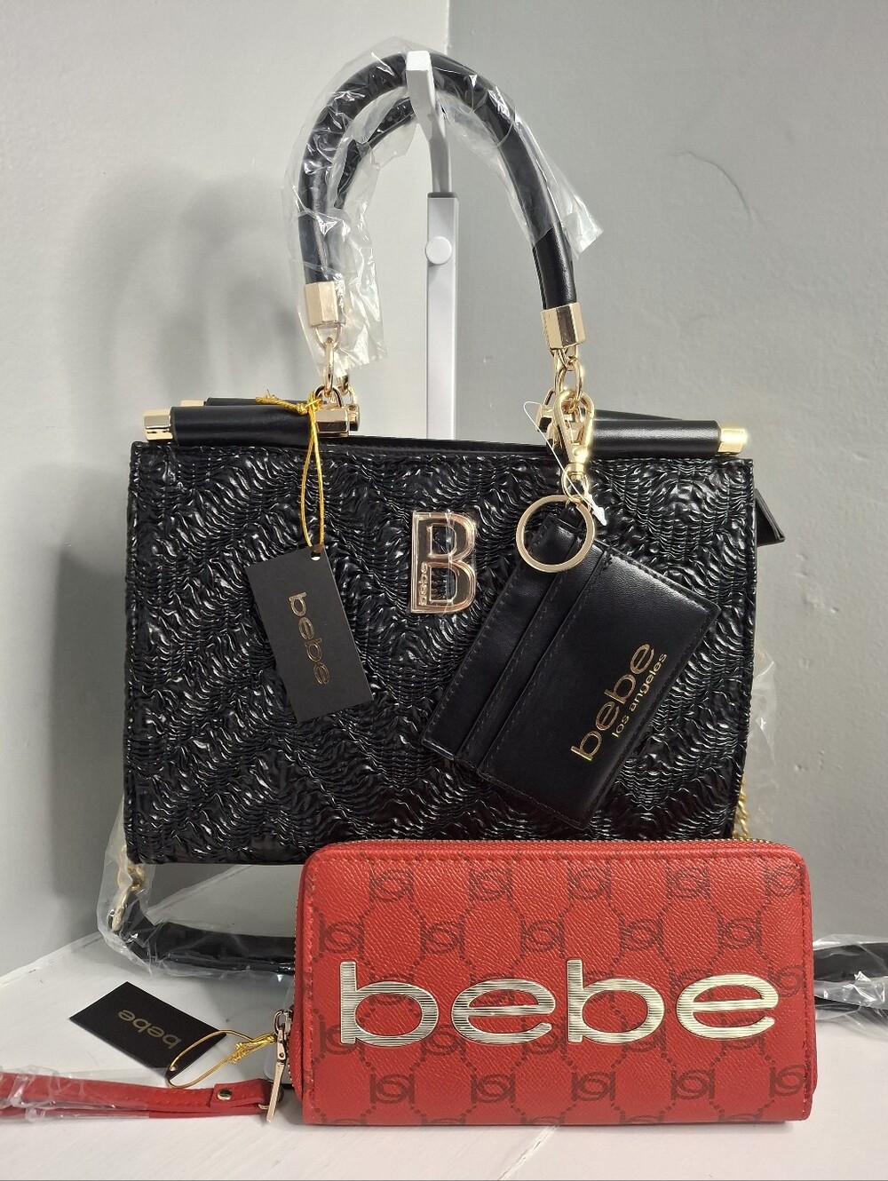 Bebe Nola Satchel & Briella Wristlet NWT Black Textured Satchel Red Wallet Set
